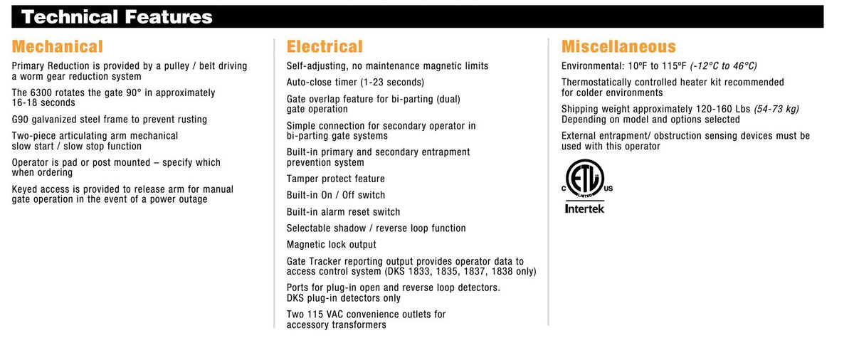 DKS - Operador de puerta batiente principal Doorking 6300 de 1/2 HP - Información técnica
