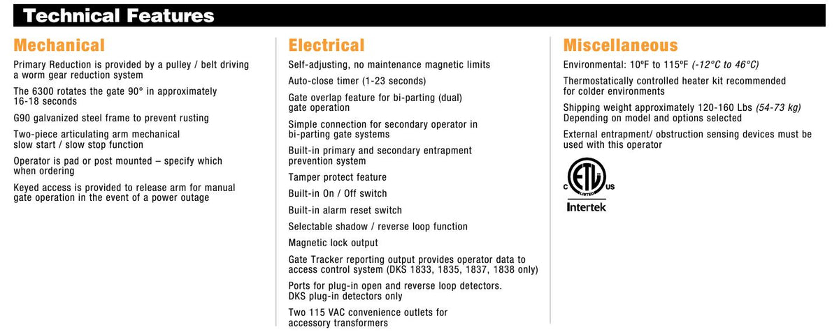 DKS - Operador de puerta batiente secundaria Doorking 6300 de 1 HP - Información técnica