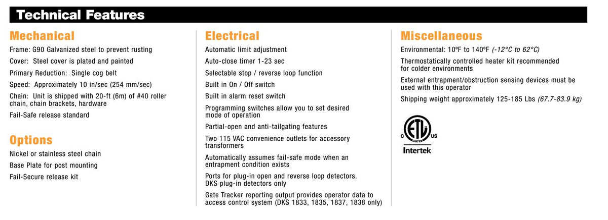 DKS - Doorking 9150-385 1HP Slide Gate Operator - Specifications