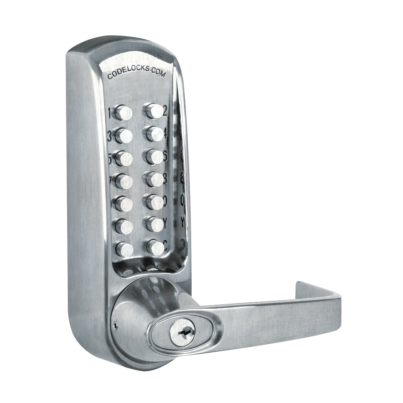D&D Technologies Codelocks CL600 series keypad lever lock with key override, brushed steel