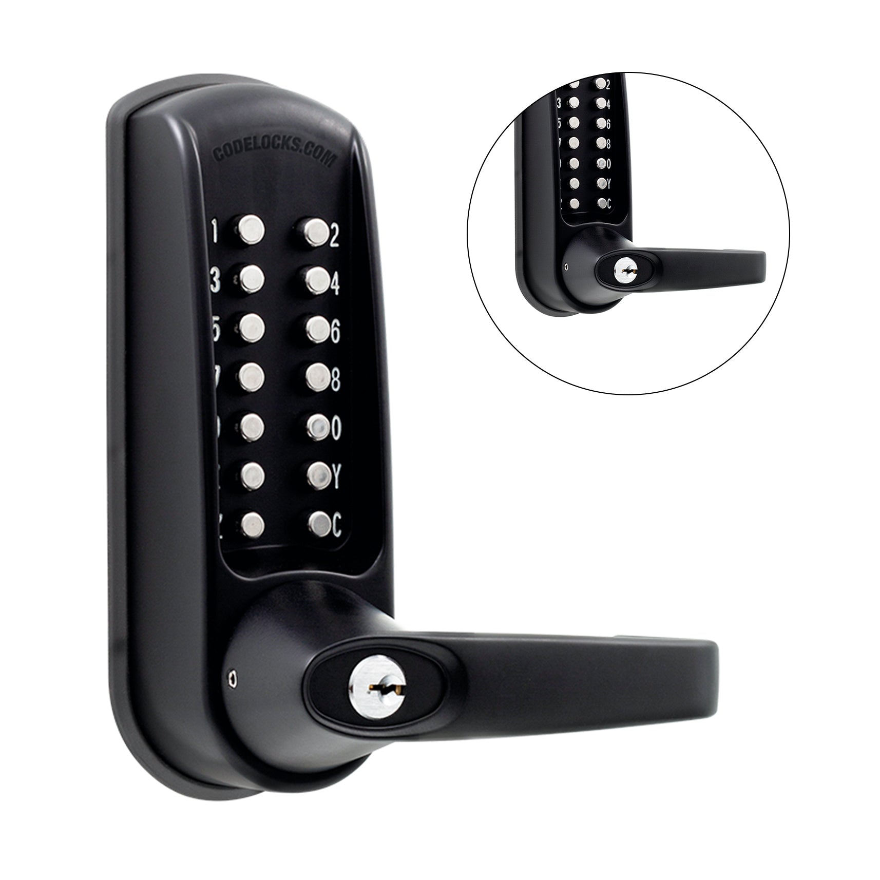 D&D Technologies Codelocks CL610 back to back keypad lever lock with key override, black marine grade