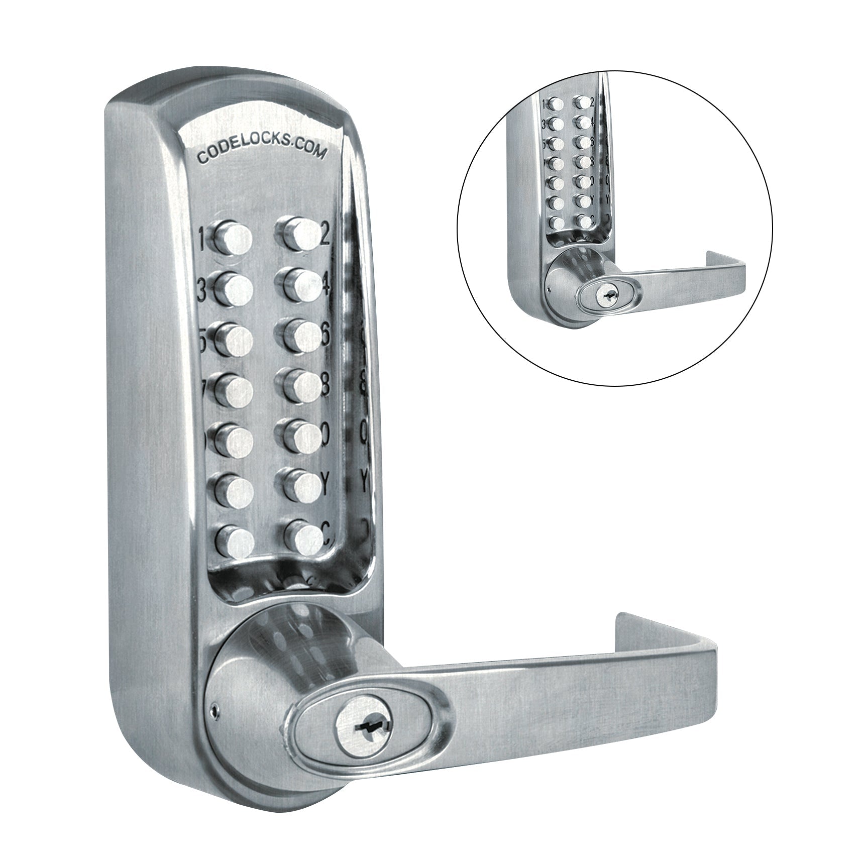 D&D Technologies Codelocks CL610 back to back keypad lever lock with key override, brushed steel