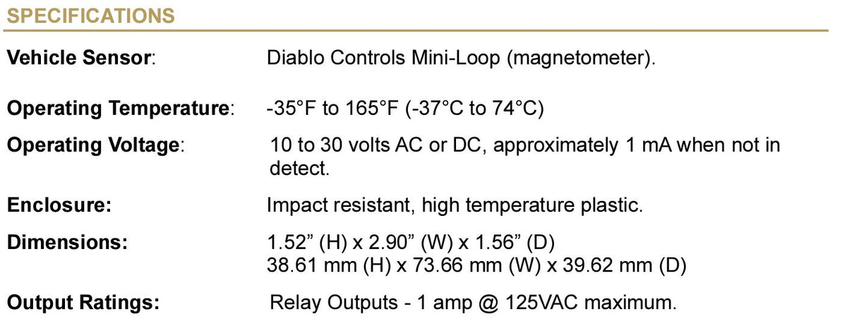 DIABLO DML-9LP, LOW POWER VEHICLE DETECTOR - Specifications