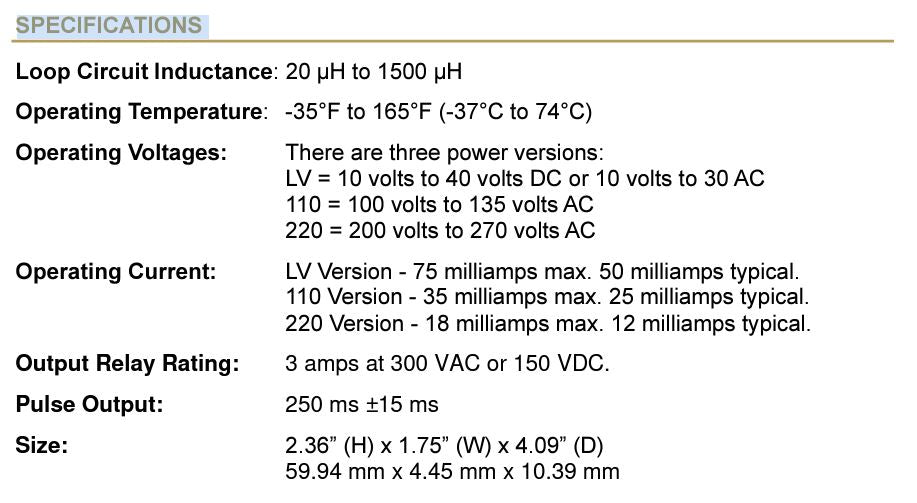 DIABLO DSP-10-117 SERIES, VEHICLE DETECTOR - Specifications