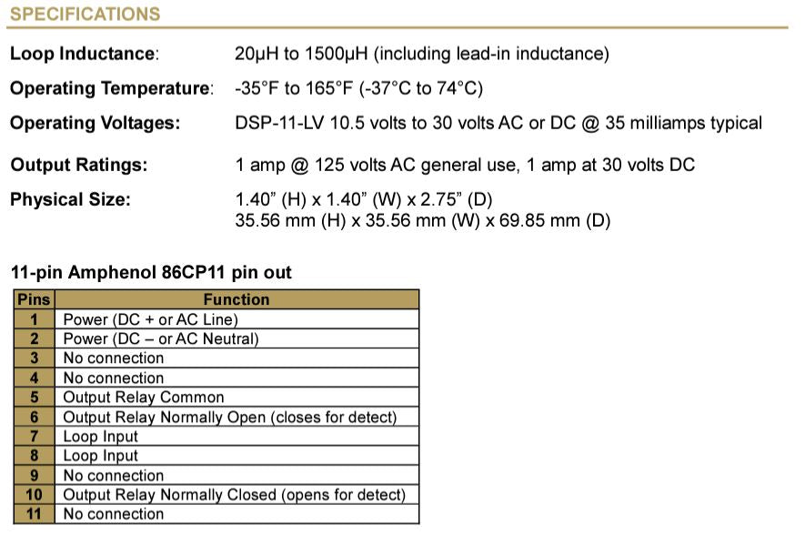 DIABLO DSP-11-LV, VEHICLE DETECTOR - Specifications
