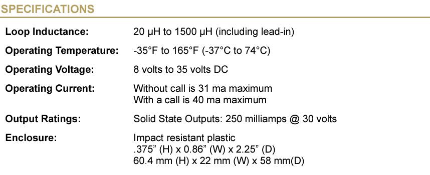 DIABLO DSP-50, Plug-In Vehicle Detector - ***Replaced by DSP-55*** - Specifications