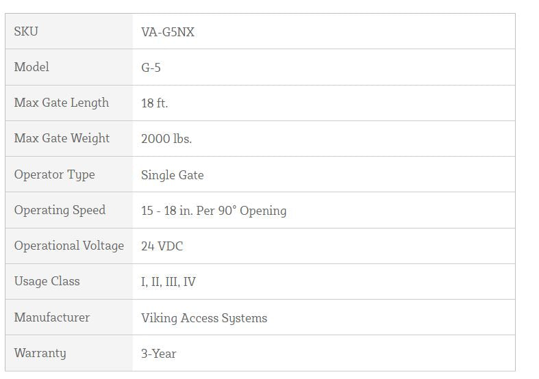 Viking VA-G5NX - G-5 Actuator Only - Specifications