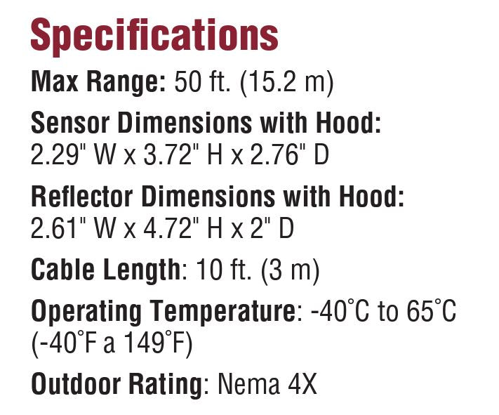 LiftMaster LMRRUL Monitored Retro-Reflective Photo Eye - Specifications