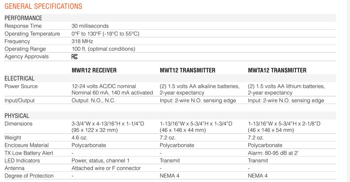 Miller Edge MWTA12 Audible Alert Edge Transmitter - Specifications