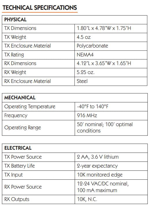 Transmisor de puerta inalámbrico monitoreado por banda RB de Miller Edge - Información técnica