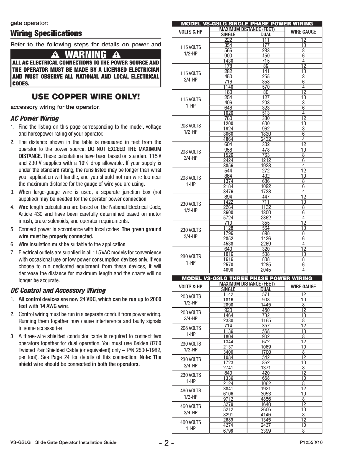 Linear OSCO VS-GSLG-743 2 HP Variable Speed Slide Gate Operator - Technical information